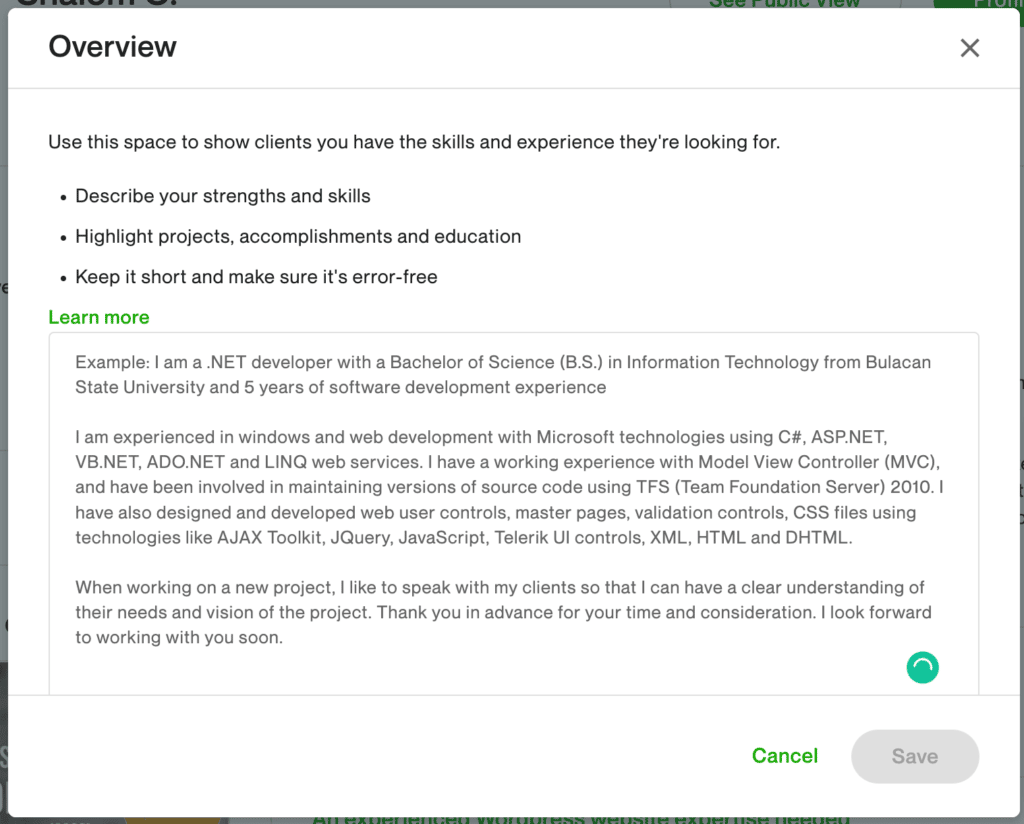 Upwork Profile Description